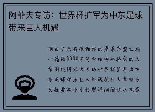 阿菲夫专访:世界杯扩军为中东足球带来巨大机遇 阿菲夫专访:世界杯扩军为中东足球带来巨大机遇