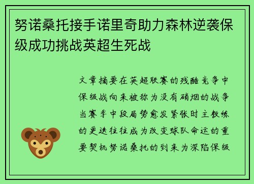 努诺桑托接手诺里奇助力森林逆袭保级成功挑战英超生死战 努诺桑托接手诺里奇助力森林逆袭保级成功挑战英超生死战