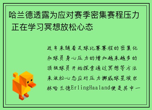哈兰德透露为应对赛季密集赛程压力 正在学习冥想放松心态 哈兰德透露为应对赛季密集赛程压力 正在学习冥想放松心态