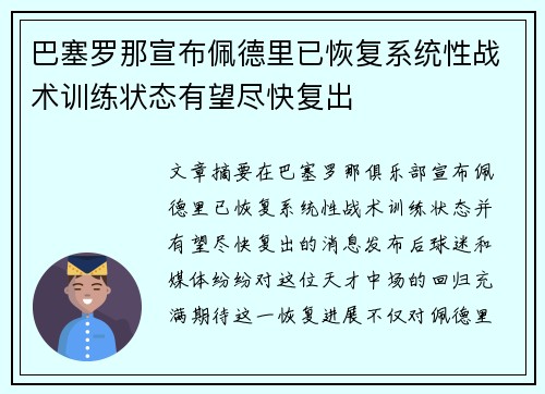 巴塞罗那宣布佩德里已恢复系统性战术训练状态有望尽快复出 巴塞罗那宣布佩德里已恢复系统性战术训练状态有望尽快复出